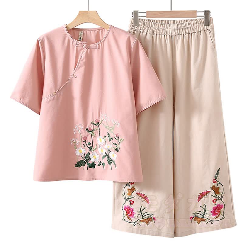 Zweiteiliges Set im chinesischen Stil: Oberteil mit Blumenstickerei und kurze Hose mit weitem Bein - Rosa - 5XL - image 2