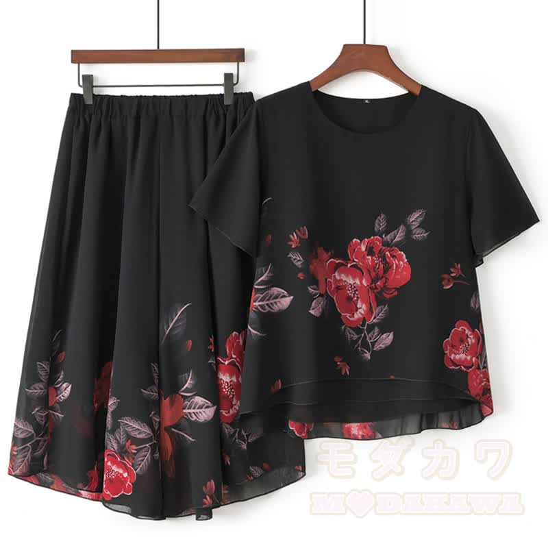 Zweiteiliges Set aus Oberteil mit Blumenmuster und kurzer, weit geschnittener Hose. - Rot - 5XL - image 1