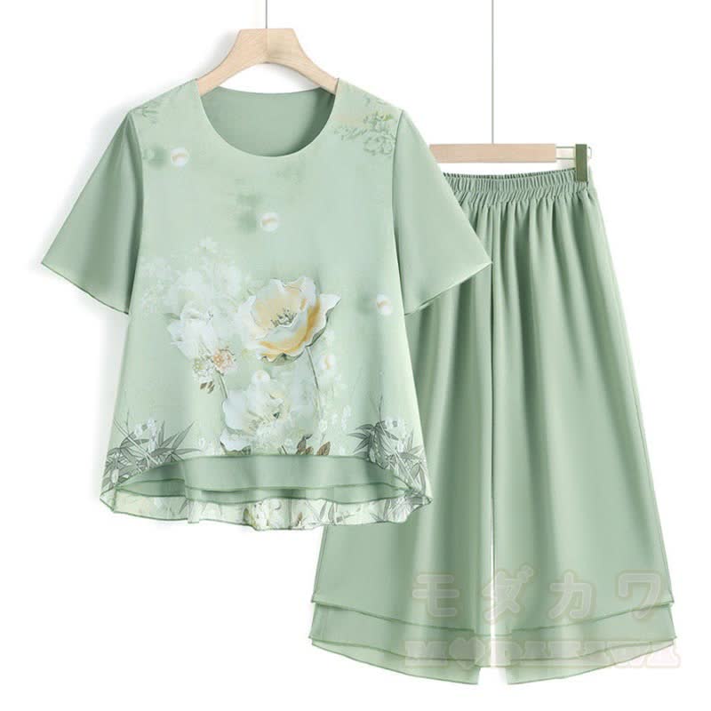 Zweiteiliges Set aus Chiffon-Top mit Blumenmuster und kurzer, weit geschnittener Hose. - Grün - 5XL - image 1
