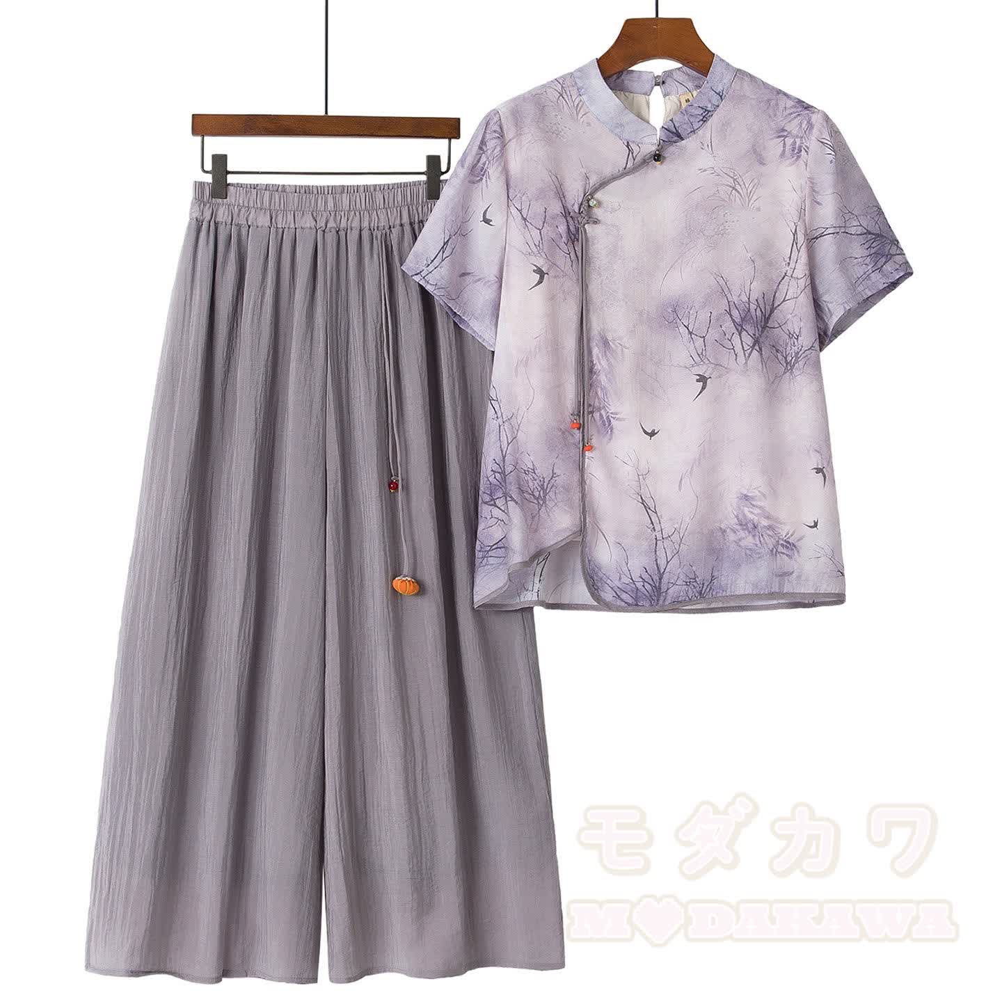 Zweiteiliges Set: Vintage-Top mit Schnalle, kurze Hose mit weitem Bein und passendes Oberteil. - Lila - 5XL - image 2