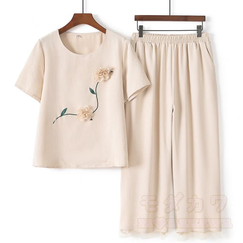 Zweiteiliges Set: Top mit 3D-Blumenmuster, kurze Hose mit weitem Bein - Beige - 5XL - image 2