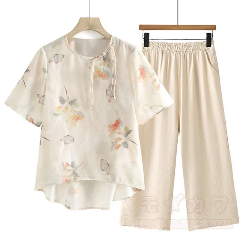 Zweiteiliges Set: Vintage-Top mit Blumenmuster und Schmetterlingsschnalle, dazu eine kurze Hose mit weitem Bein. - Aprikose - 5XL - image 2