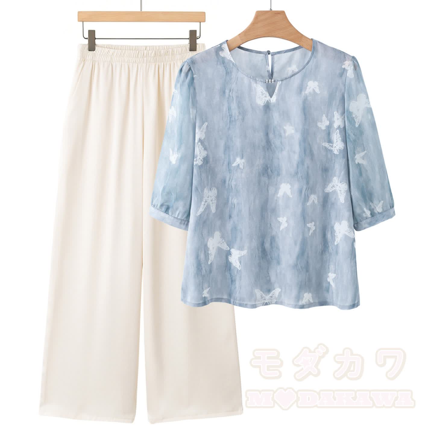 Zweiteiliges Set aus Chiffon-Top mit Schmetterlingsschnalle und kurzer, weit geschnittener Hose - Blau - 5XL - image 2