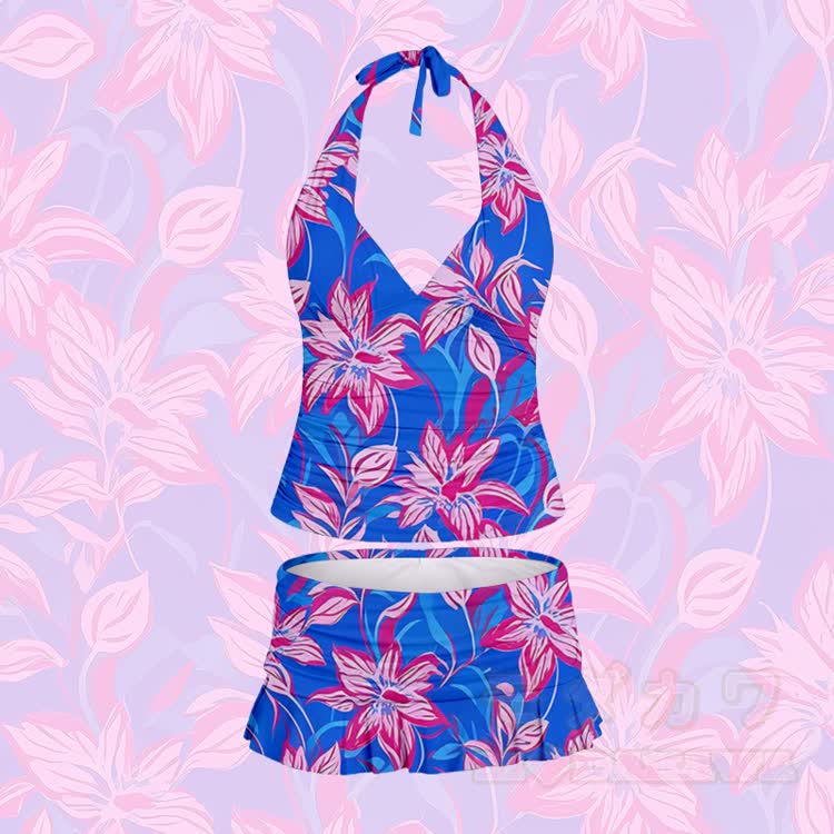 Geblümter Neckholder-Badeanzug mit passendem Baderock - Blau - 5XL - image 2