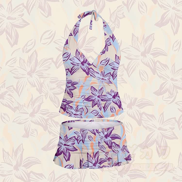 Tropischer, geblümter Tankini-Badeanzug mit Neckholder und passendem Schwimmrock - Lila - 5XL - image 2
