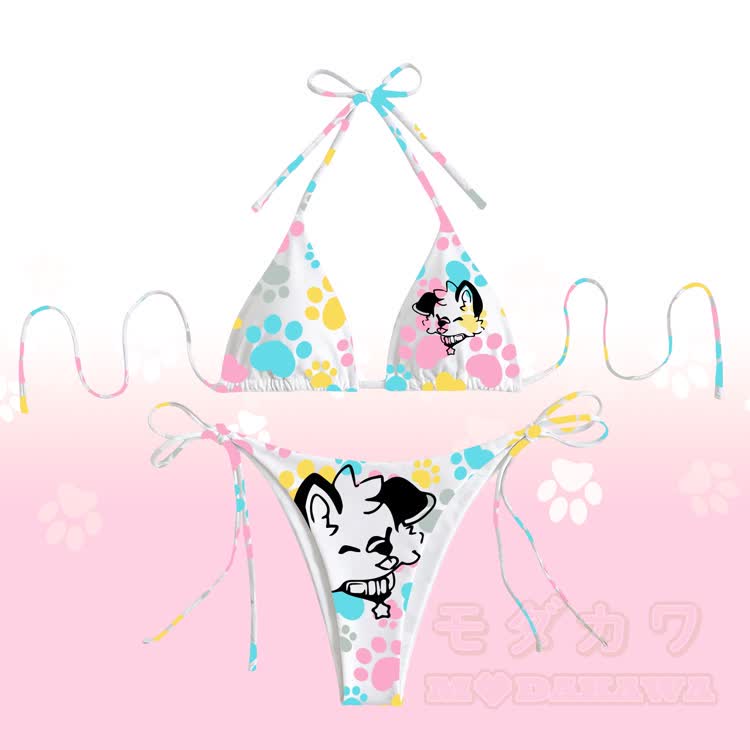 MODAKAWA X popipeko Damen-Bikini-Set mit Welpenpfotenabdruck - Weiß - 4XL - image 2
