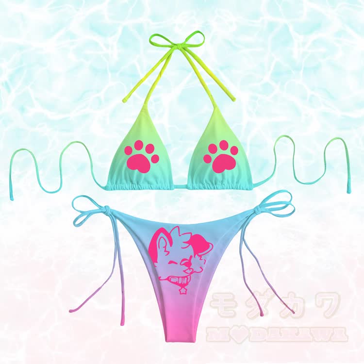 MODAKAWA X popipeko Zunge-raus-Hundepfoten-Grafik Damen-Bikini-Set mit Farbverlauf und Bindebändern - Grün & Rosarot A - 4XL - image 2