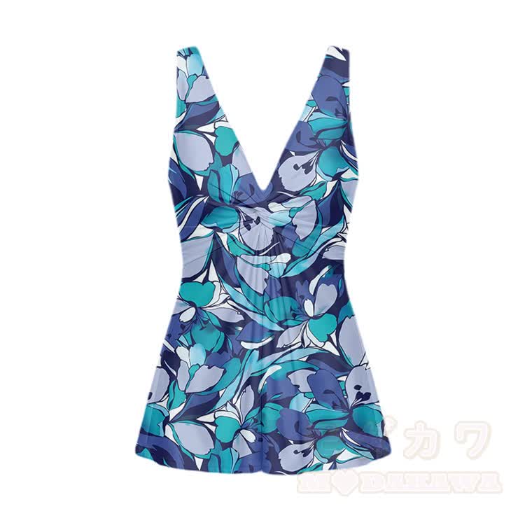 Geblümtes Badekleid mit V-Ausschnitt, einteiliger Badeanzug - Blau - 5XL - image 2