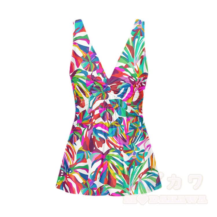Badekleid mit tropischem Print und V-Ausschnitt, einteiliger Badeanzug - Mehrfarbig - 5XL - image 2