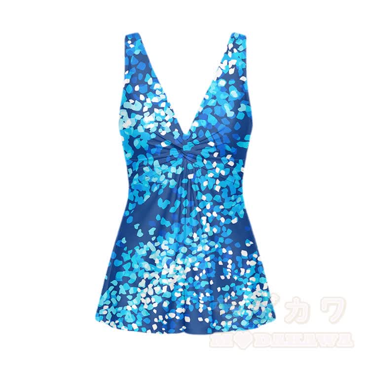 Blau bedrucktes Badekleid mit V-Ausschnitt, einteiliger Badeanzug - Blau - 5XL - image 2