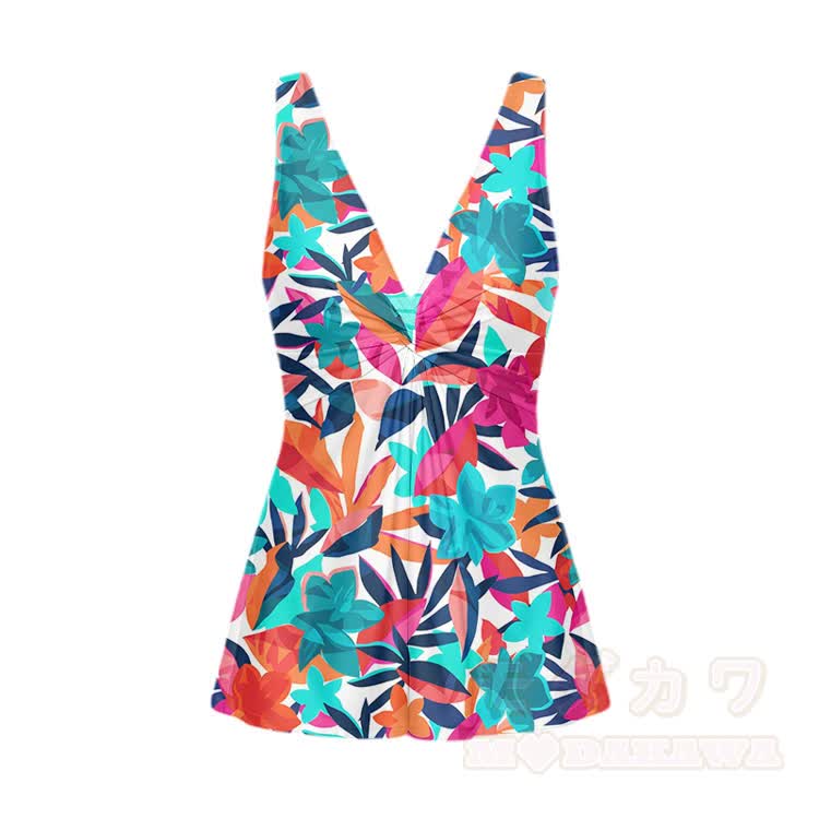 Tropisches Blumen-Badekleid mit V-Ausschnitt, einteiliger Badeanzug - Mehrfarbig - 5XL - image 2