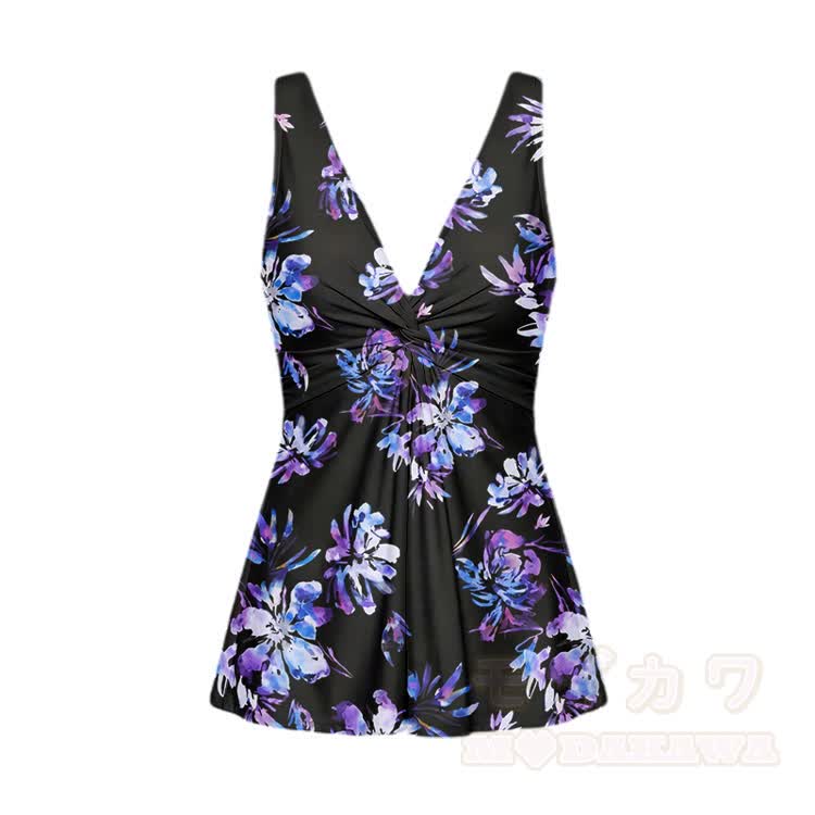 Lila geblümtes Badekleid mit V-Ausschnitt, einteiliger Badeanzug - Schwarz - 5XL - image 2