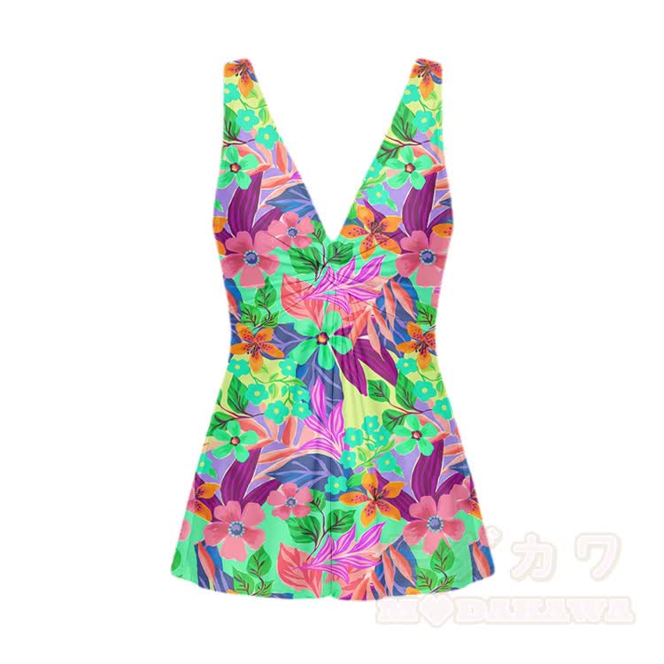Tropisches Blumen-Badekleid mit V-Ausschnitt, einteiliger Badeanzug - Grün - 5XL - image 2