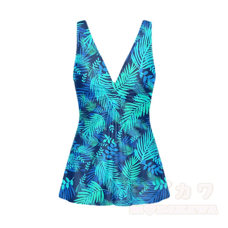 Badeanzug mit tropischem Blätterprint und V-Ausschnitt - Blau - 5XL - image 2