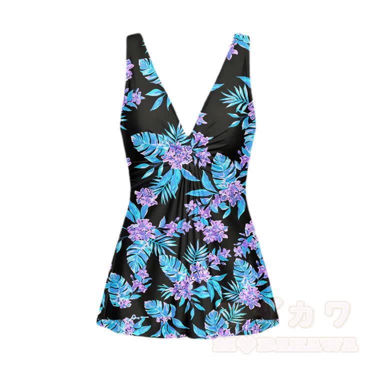 Badeanzug mit tropischem Blumen- und Blätterprint und V-Ausschnitt - Schwarz - 5XL - image 2