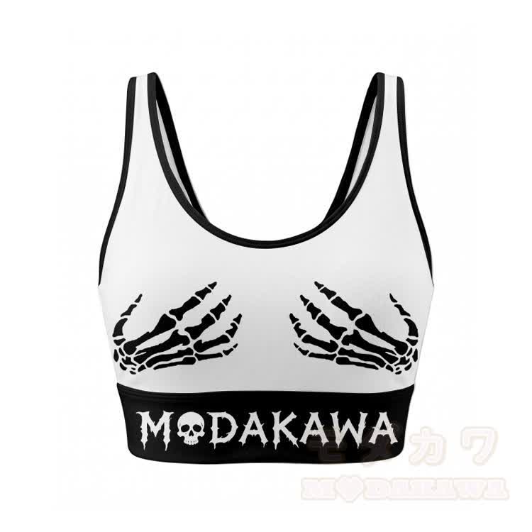 Totenkopf-Hand-Grafik Crop-Tanktop Sport Top Schlaghose Modakawa passendes Outfit - Weißes Oberteil - 2XL - image 2