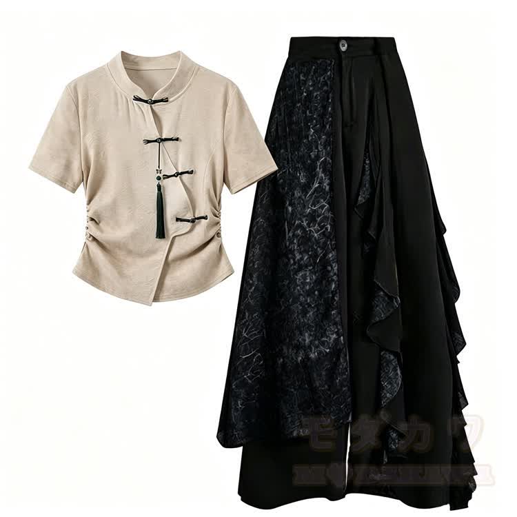 Women's Chinese Knot Tassel Top and Layered Wide Leg Pants - image 2