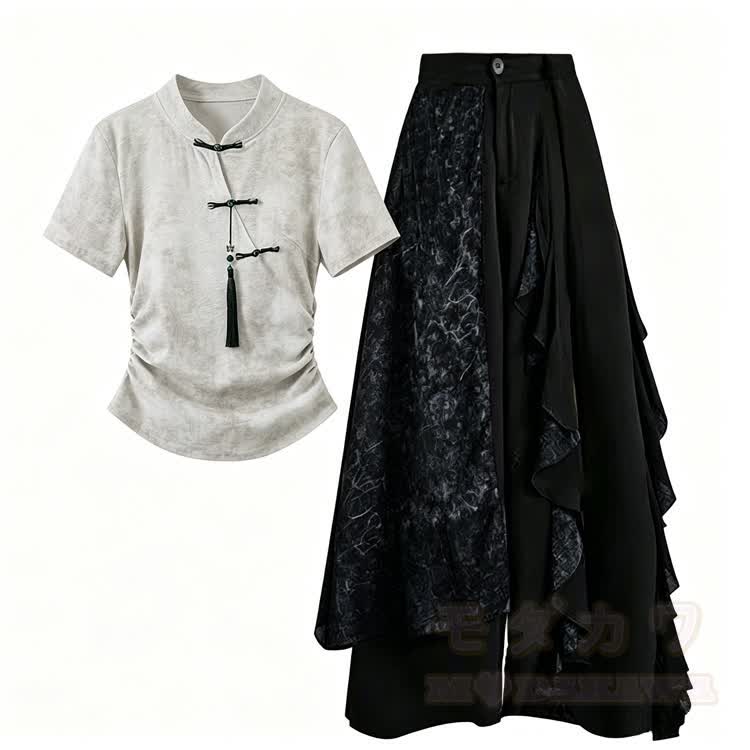 Women's Chinese Knot Tassel Top and Layered Wide Leg Pants - image 1