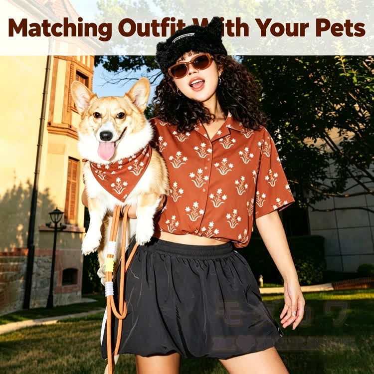 Floral Print Camp Collar Short Sleeve Shirt with Matching Dog Bandana - image 1
