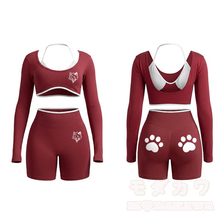 Kitty Graphic Tight Long Sleeve Yoga Top & Shorts Set - Red - XL - image 2