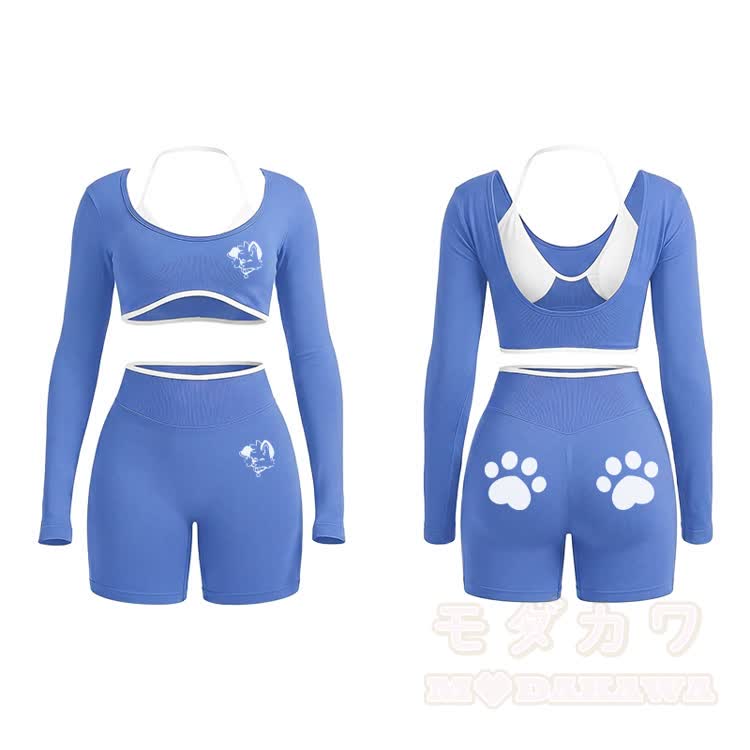 MODAKAWA X popipeko Puppy Graphic Tight Long Sleeve Yoga Top & Shorts Set - Blue - XL - image 2