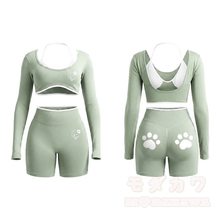 Bear Graphic Tight Long Sleeve Yoga Top & Shorts Set - Light Green - XL - image 2
