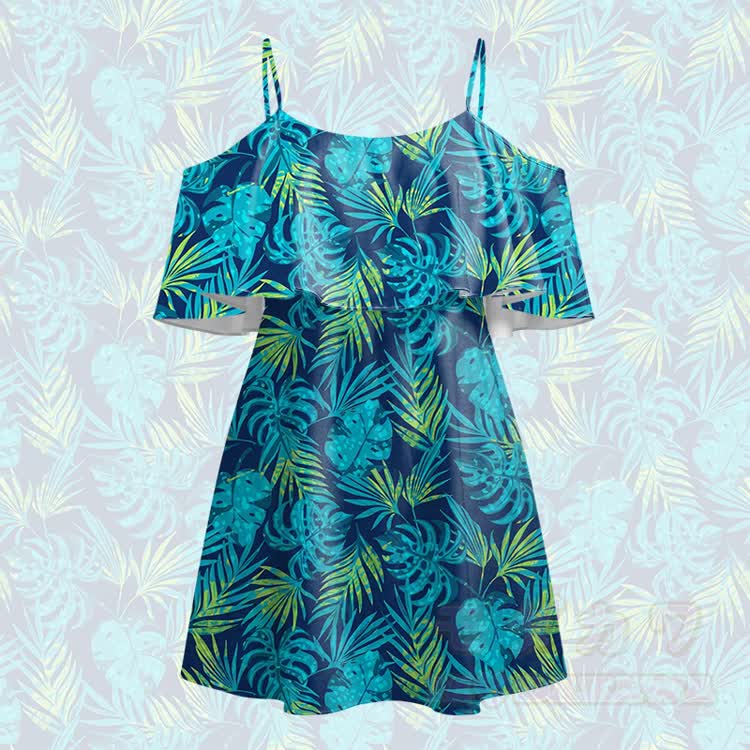 Women's Tropical Leaf Print Cold Shoulder Mini Dress - Blue - 5XL - image 2