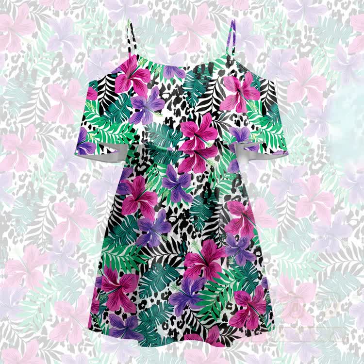Women's Tropical Floral Leopard Print Cold Shoulder Mini Dress - Multicolor - 5XL - image 2