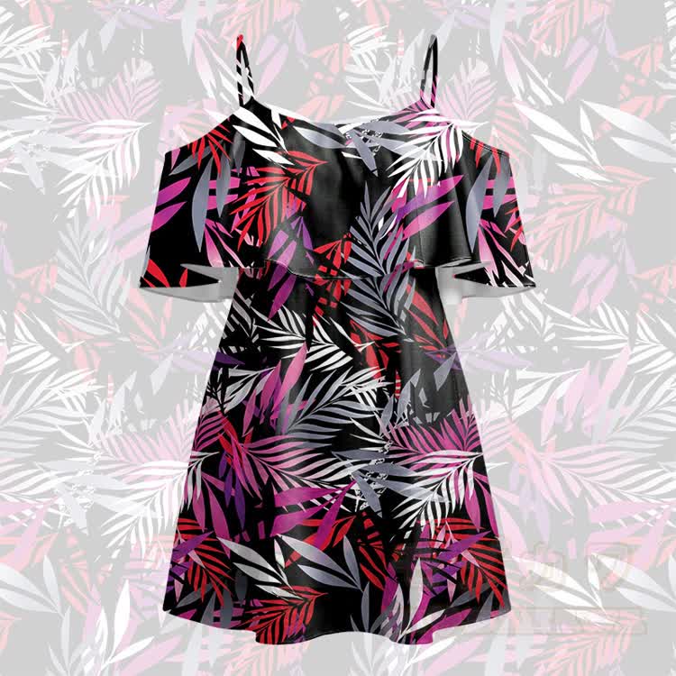 Women's Tropical Leaf Print Cold Shoulder Mini Dress - Black - 5XL - image 2