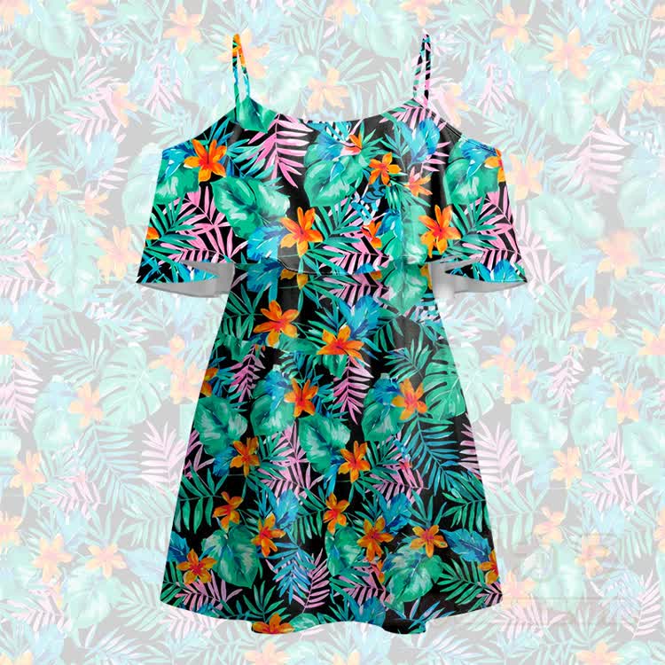 Women's Tropical Floral Leaf Print Cold Shoulder Mini Dress - Green - 5XL - image 2