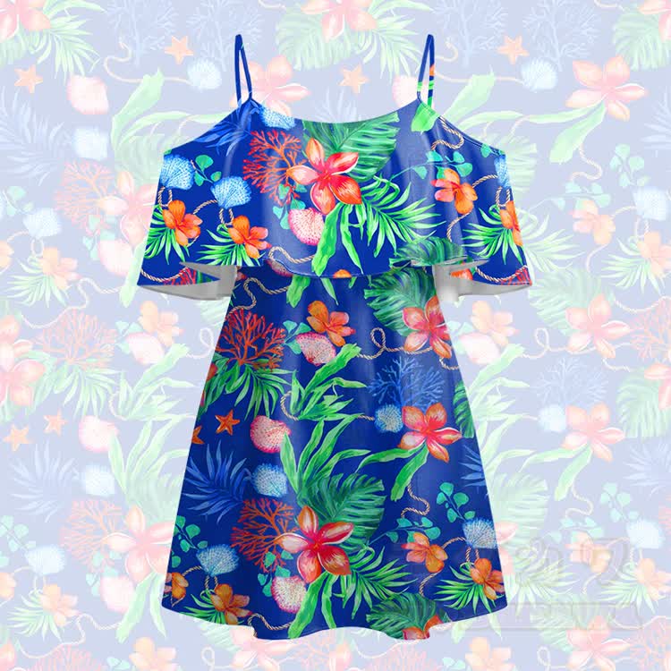 Women's Blue Tropical Floral Leaf Print Cold Shoulder Mini Dress - Blue - 5XL - image 2