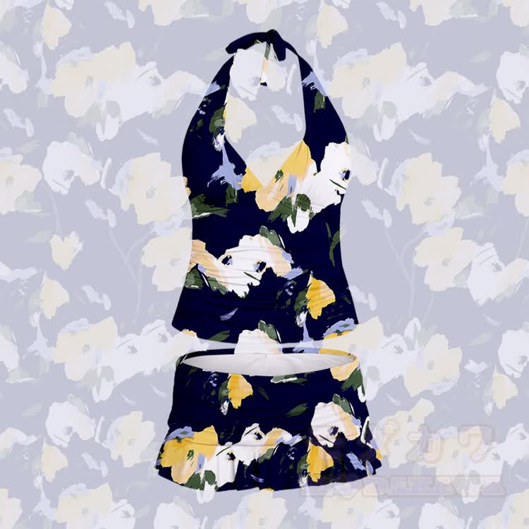 Women's Navy Floral Print Halter Neck Swimsuit and Ruffle Swim Skirt Set - Purplish Blue - 5XL - image 2