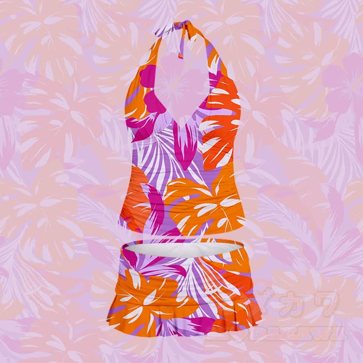Tropical Leaf Print Halter Neck Swimsuit and Ruffle Swim Skirt Set - Pink - 5XL - image 2