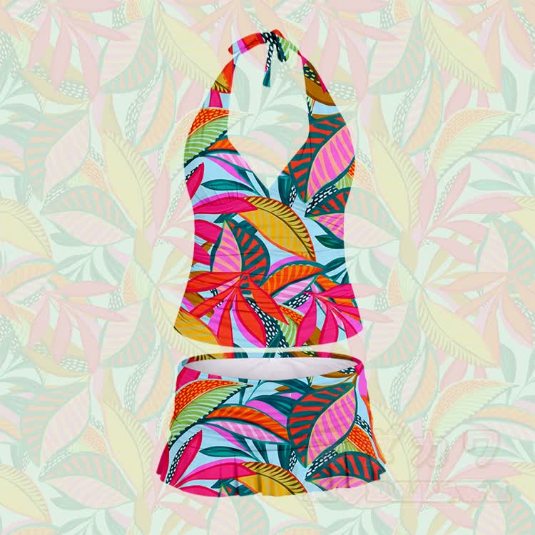 Women's Tropical Leaf Print Halter Neck Swimsuit and Ruffle Swim Skirt Set - Pink - 5XL - image 2