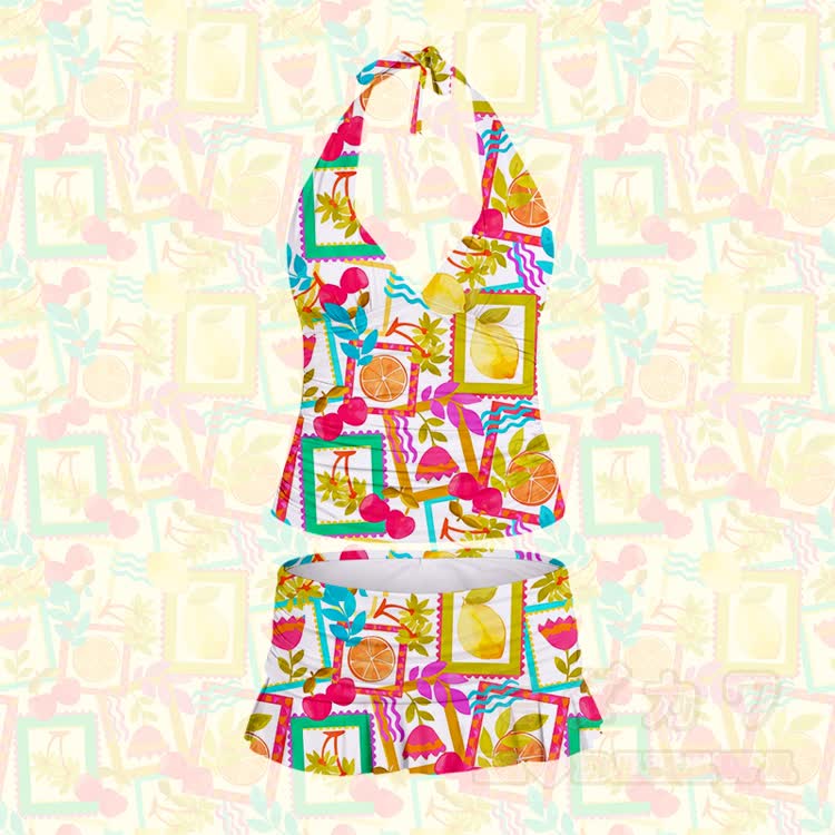 Women's Fruit Print Halter Neck Swimsuit and Ruffle Swim Skirt Set - Yellow - 5XL - image 2