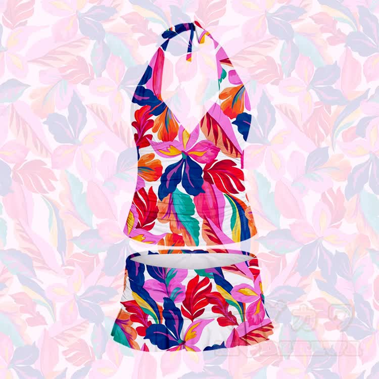 Women's Tropical Floral Print Halter Neck Swimsuit and Ruffle Swim Skirt Set - Pink - 5XL - image 2