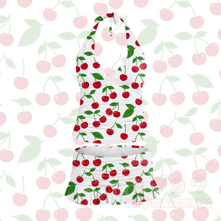 Women's Cherry Print Halter Neck Swimsuit and Ruffle Swim Skirt Set - White - 5XL - image 2