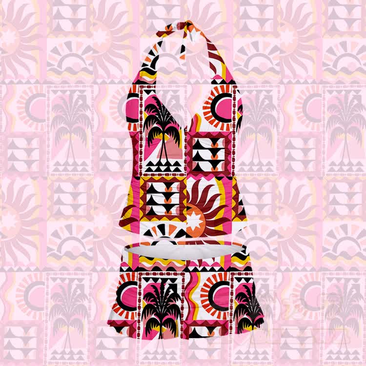Women's Retro Tropical Print Halter Neck Swimsuit and Ruffle Swim Skirt Set - Pink - 5XL - image 2