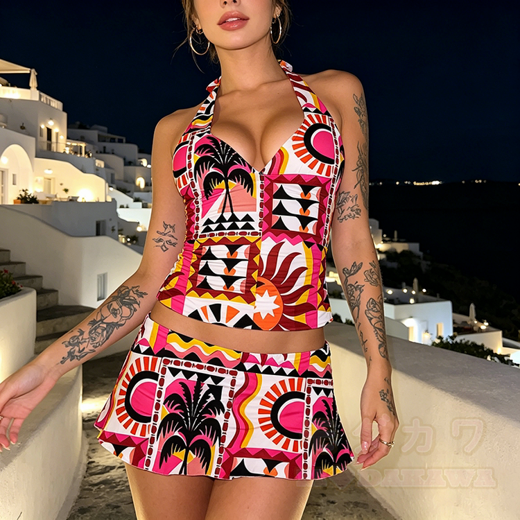 Women's Retro Tropical Print Halter Neck Swimsuit and Ruffle Swim Skirt Set - image 1