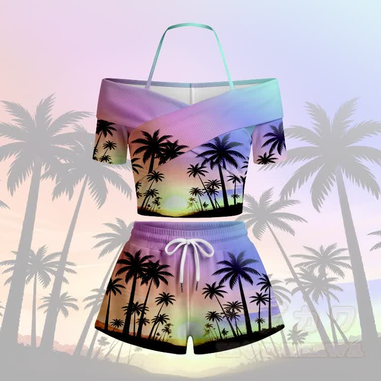 Modakawa Set mit Palmen-Sonnenuntergangs-Print: Off-Shoulder-Top und Shorts mit Farbverlauf - Lila Set - 5XL - image 2
