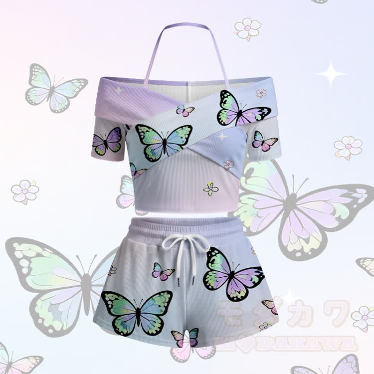 Modakawa Set aus schulterfreiem Top und Shorts mit Schmetterlingsprint und Farbverlauf – Top und Shorts mit Farbverlauf - Lila & Blaues Set - 5XL - image 2