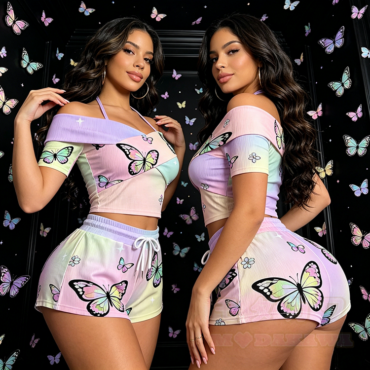 Modakawa Set aus schulterfreiem Top und Shorts mit Schmetterlingsprint und Farbverlauf – Top und Shorts mit Farbverlauf - image 1
