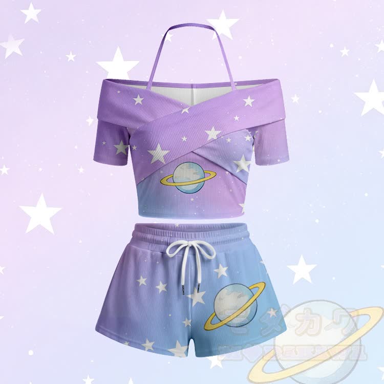 Modakawa Set mit Planetenstern-Print: Off-Shoulder-Top und Shorts mit Farbverlauf - Lila Set - 5XL - image 2