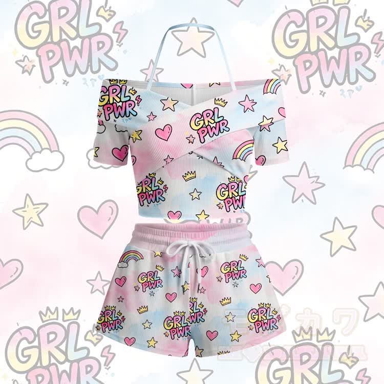 Modakawa Off-Shoulder-Top und Shorts-Set mit Girl-Power-Print - Rosa Set - 5XL - image 2
