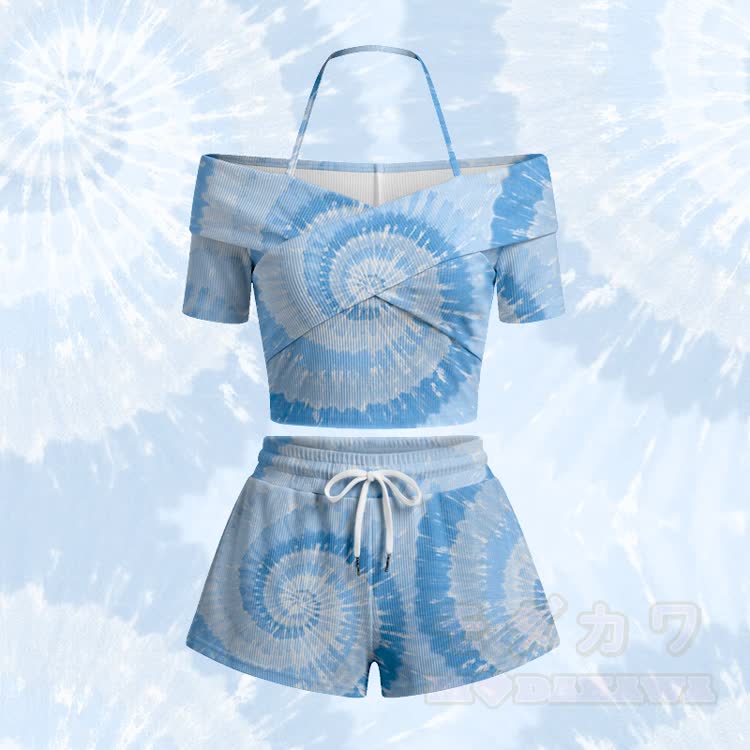 Modakawa Set aus schulterfreiem Top und Shorts mit Batikmuster - Blaues Set - 5XL - image 2