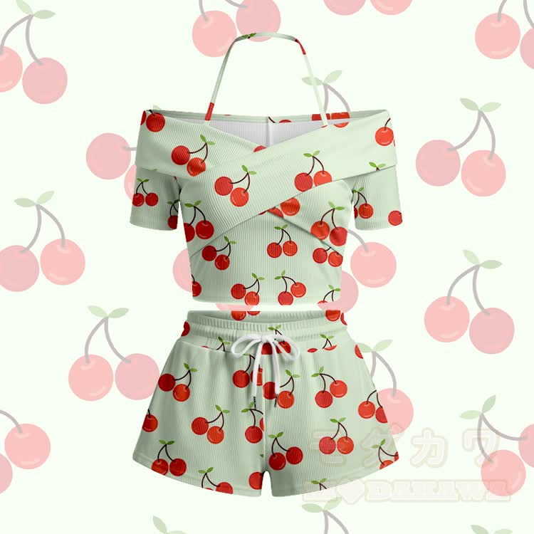Modakawa Set aus schulterfreiem Top und Shorts mit Kirschmuster - Grünes Set - 5XL - image 2