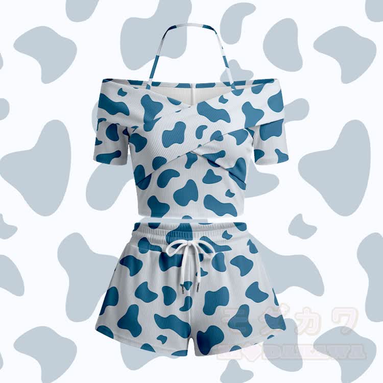 Modakawa Set aus schulterfreiem Top und Shorts mit Kuhmuster - Blaues Set - 5XL - image 2