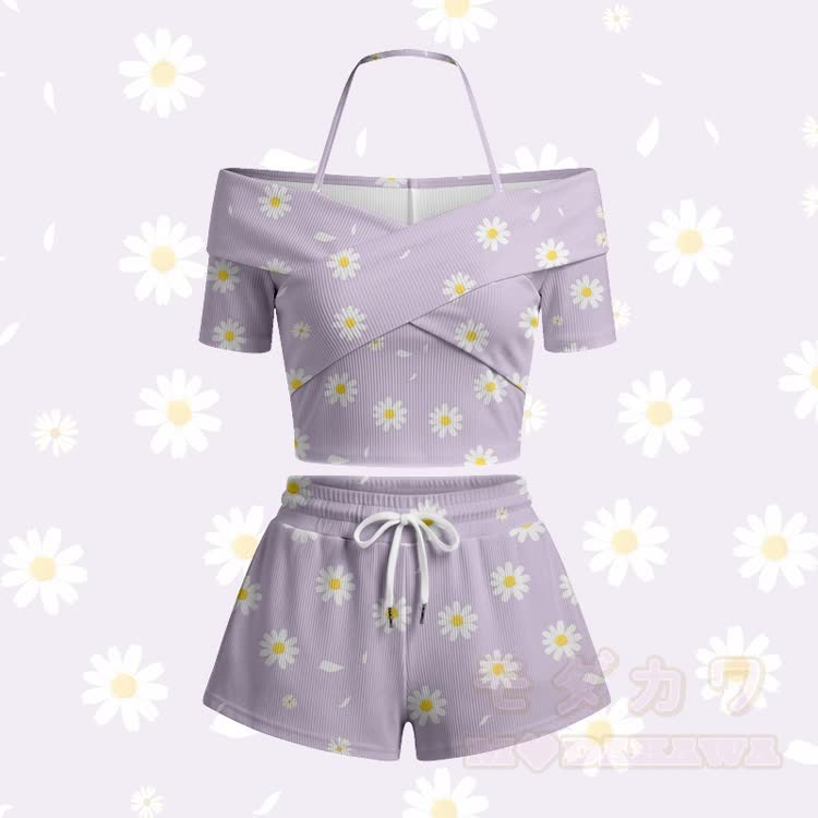 Modakawa Set aus schulterfreiem Top und Shorts mit Gänseblümchenmuster - Lila Set - 5XL - image 2