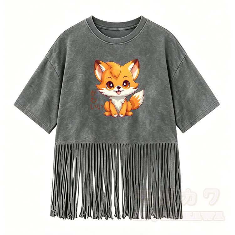 Siting Fox Graphic Modakawa Washed Fringe T-Shirt - Grau - 5XL - image 1
