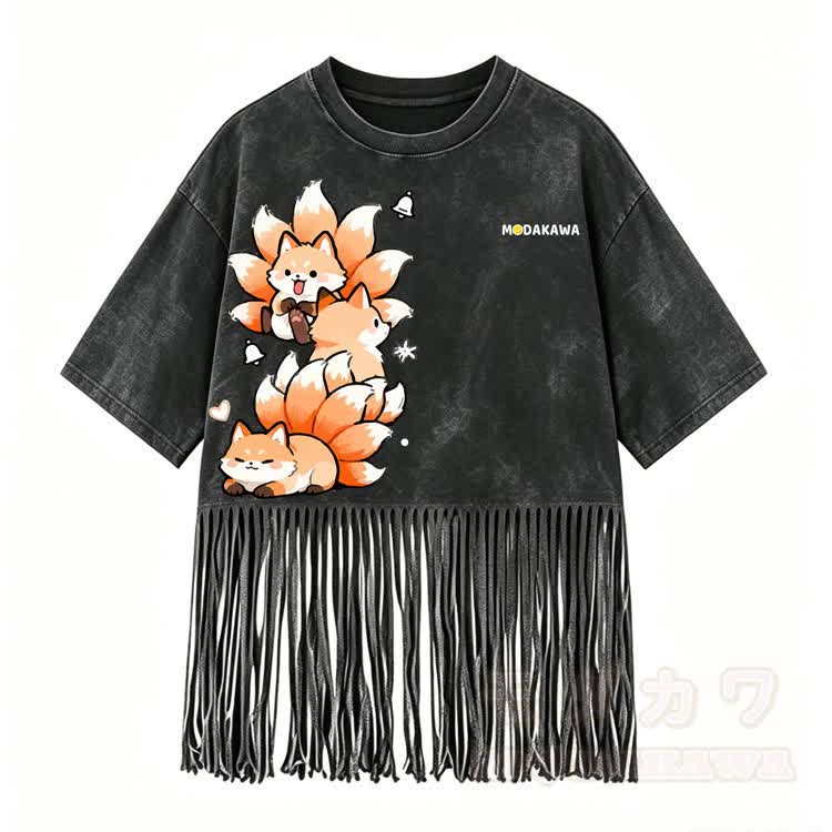 Modakawa T-Shirt mit Fransen und Grafik eines neunschwänzigen Fuchses - Schwarz - 5XL - image 2